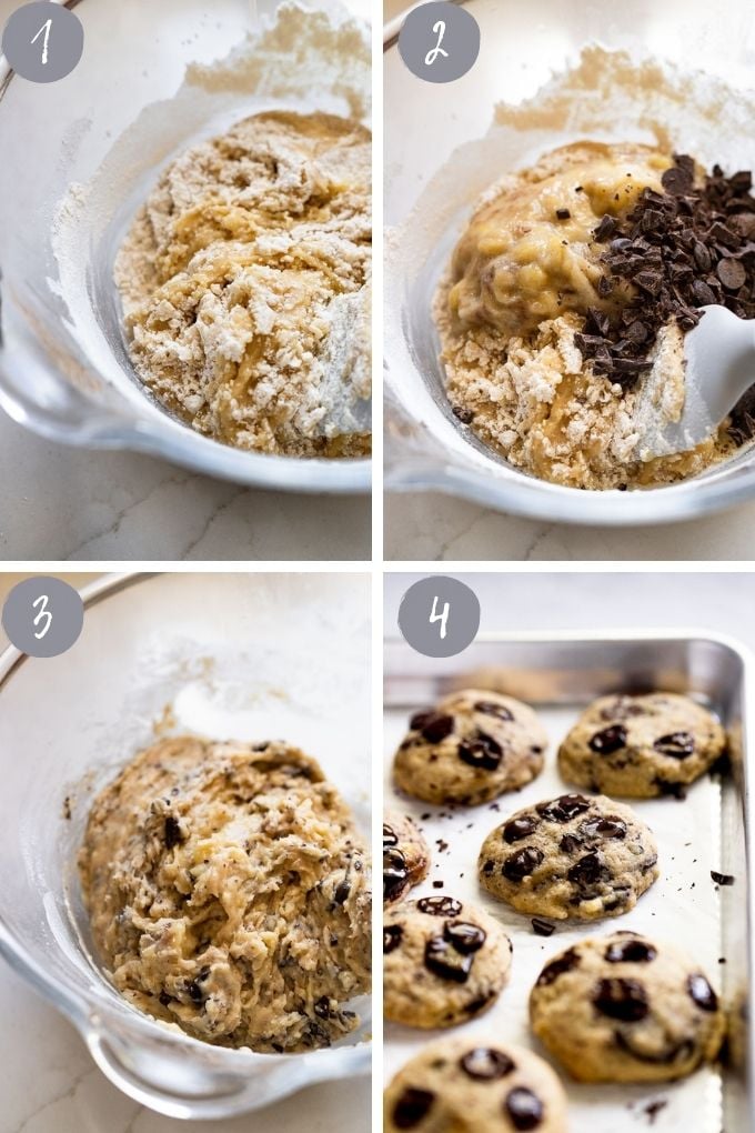 4 images: mixing cookie dough and baked banana cake cookies on tray.
