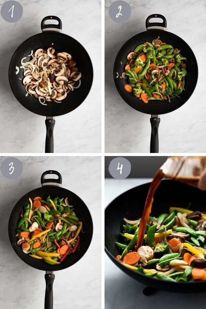 4 images making vegetable stir fry.