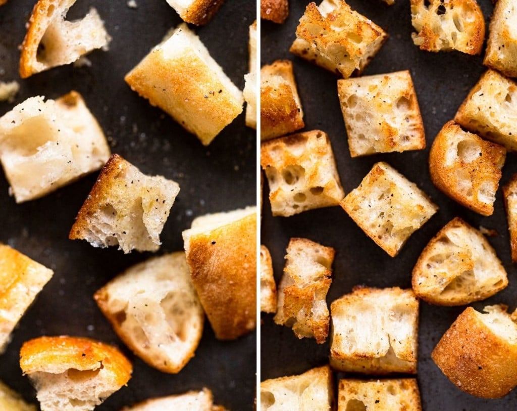 side by side photos of croutons before and after baking