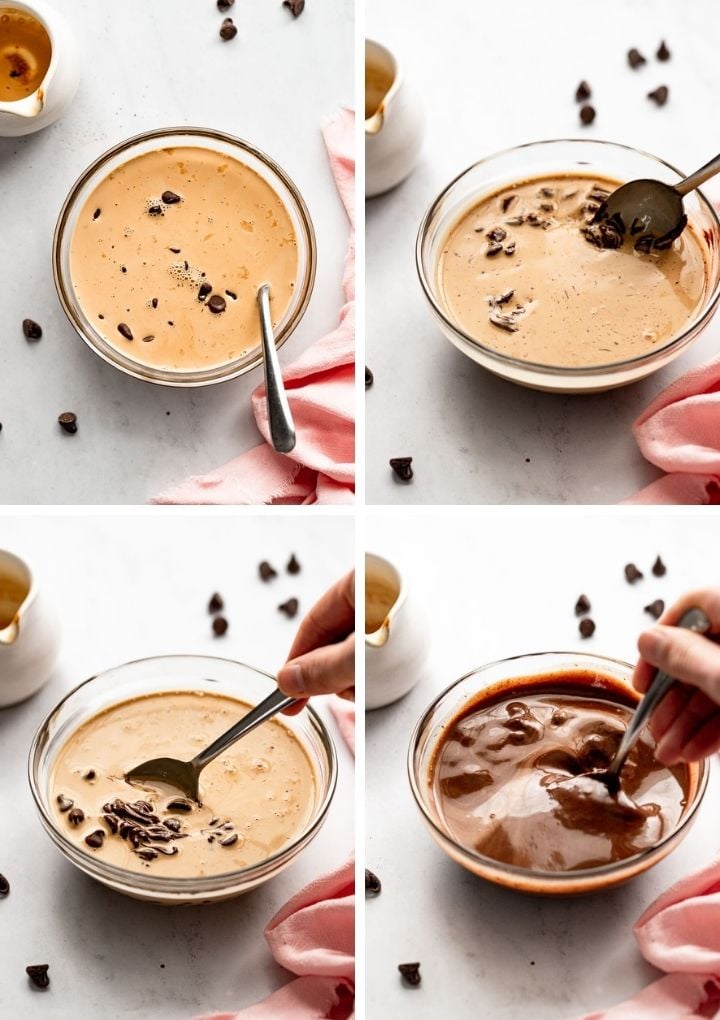 4 images of cream and chocolate in bowl.