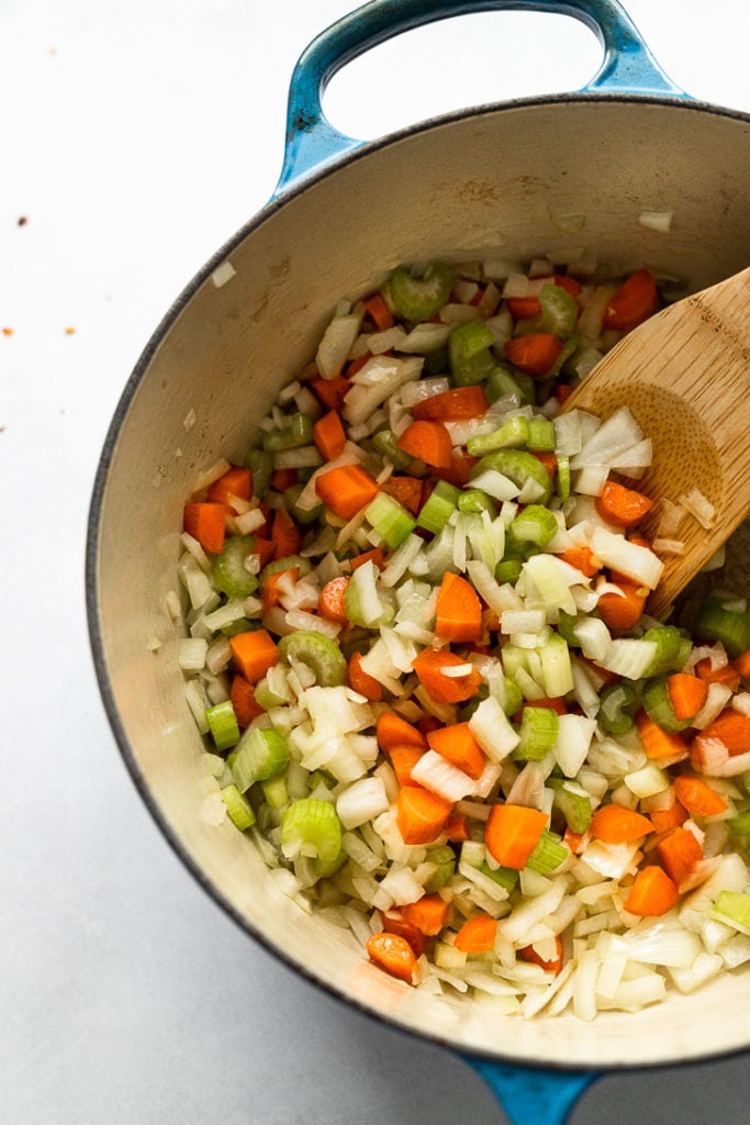 Dutch oven with mirepoix.