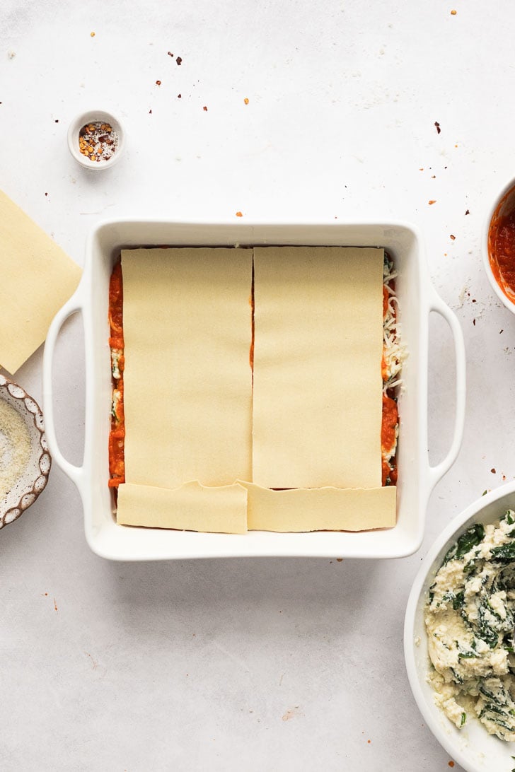 Lasagna noodles in baking dish.