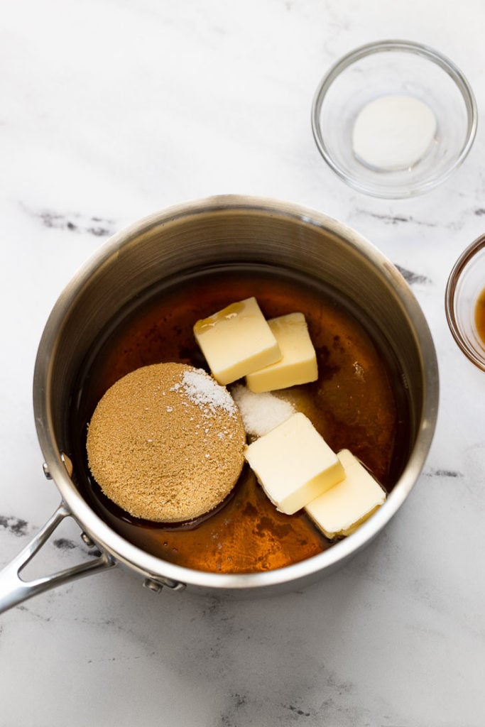 Saucepan with sugar, syrups, butter, and salt.