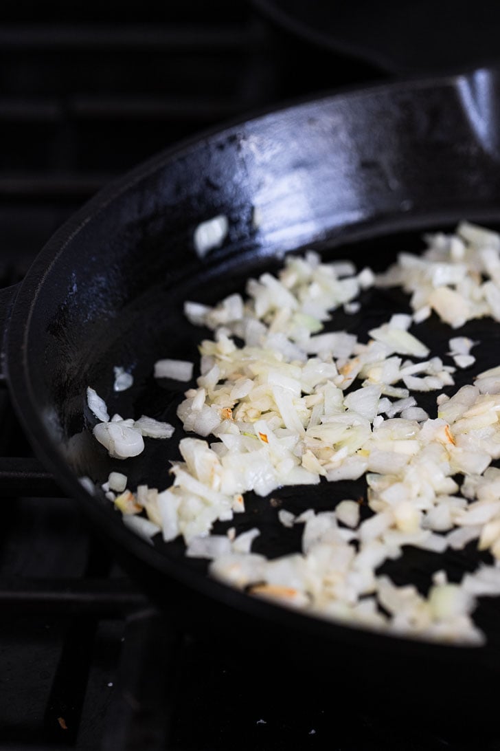 Chopped onion in skillet.