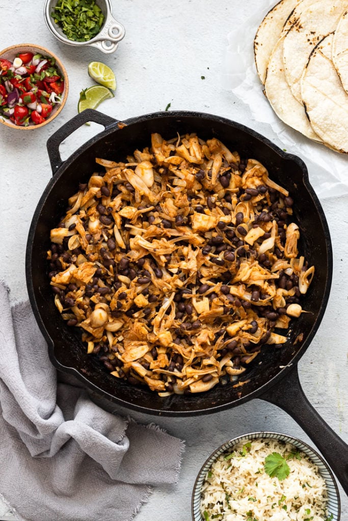 Cast iron skillet with taco filling.