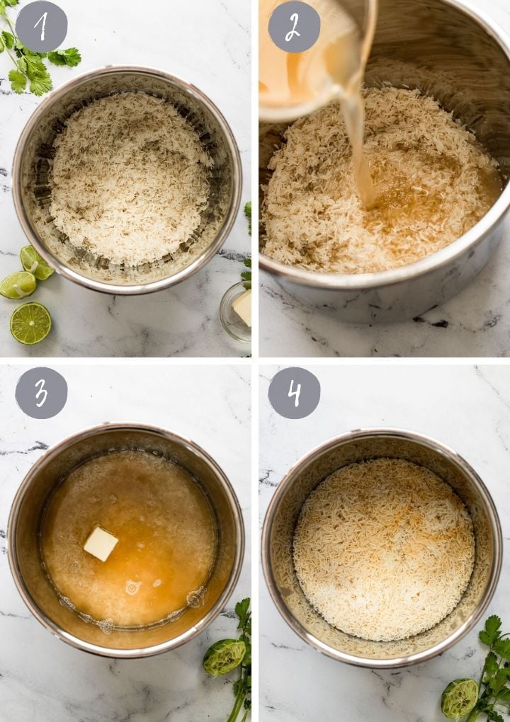 4 images of rice in instant pot and adding ingredients.
