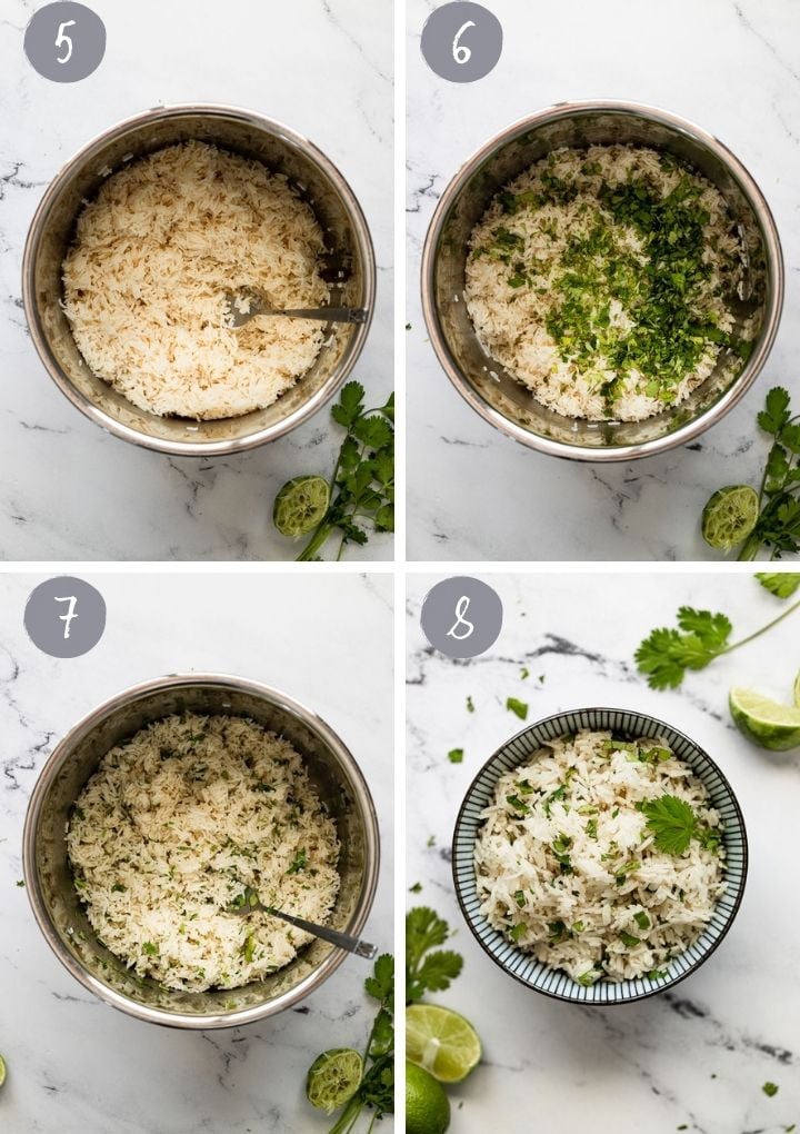 4 images of rice in instant pot and adding ingredients after cooking.
