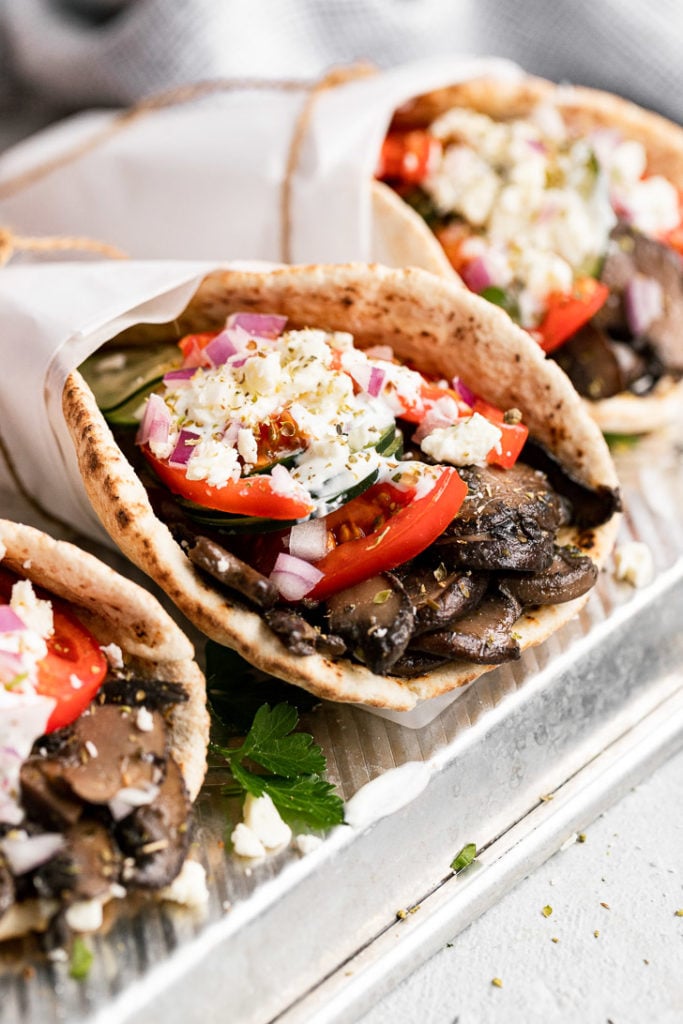 Side view of vegetarian gyros on tray.