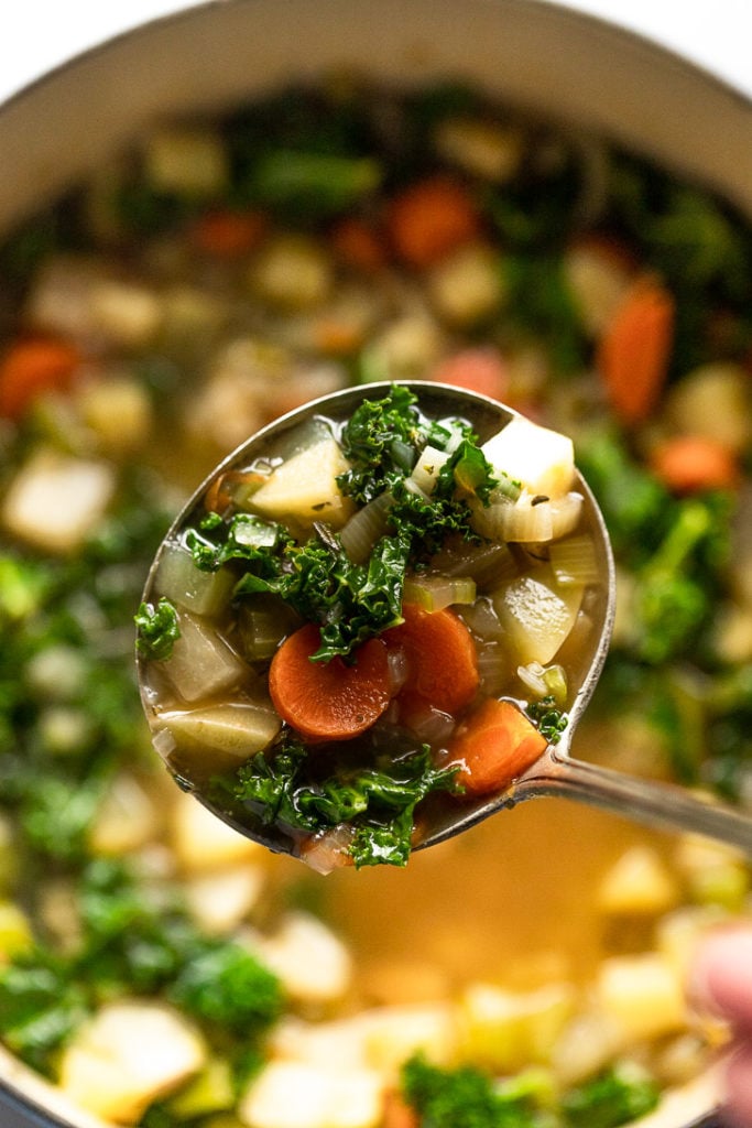 Ladle of vegetable soup over pot.