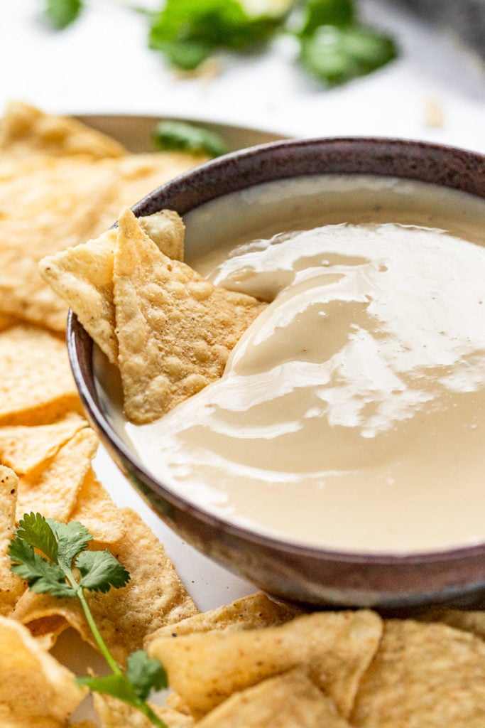 Bowl of queso with two chips and no toppings.