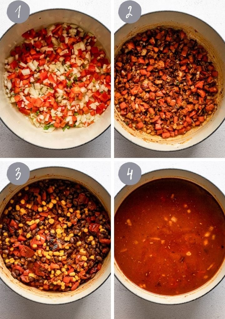 4 images of soup being made in dutch oven.