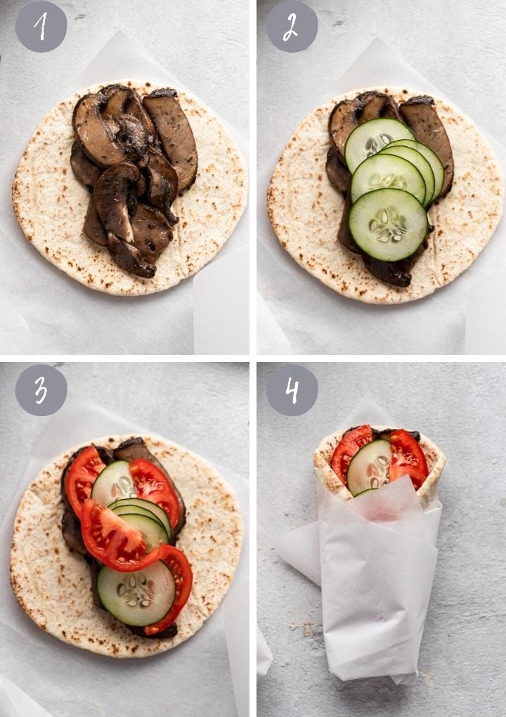 4 images of pita layering on mushrooms, cucumbers, tomatoes, and folded.