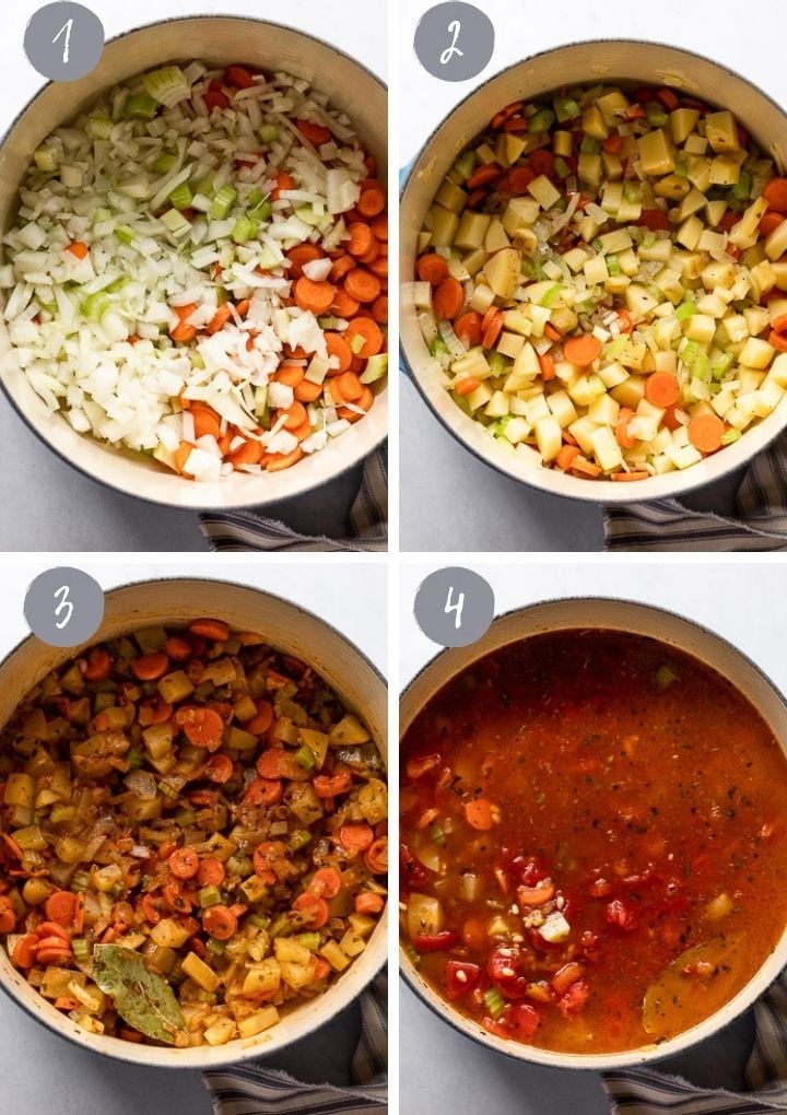4 images of soup being made in pot.