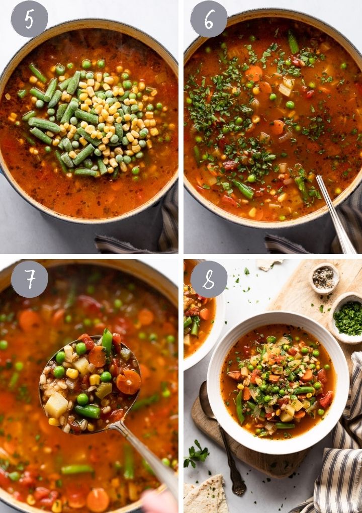 4 images of soup in pot.