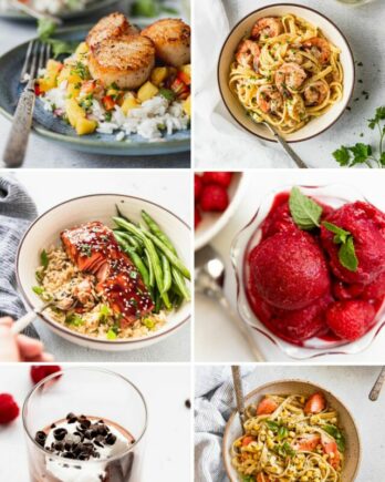 Date night recipe collage with 8 images.