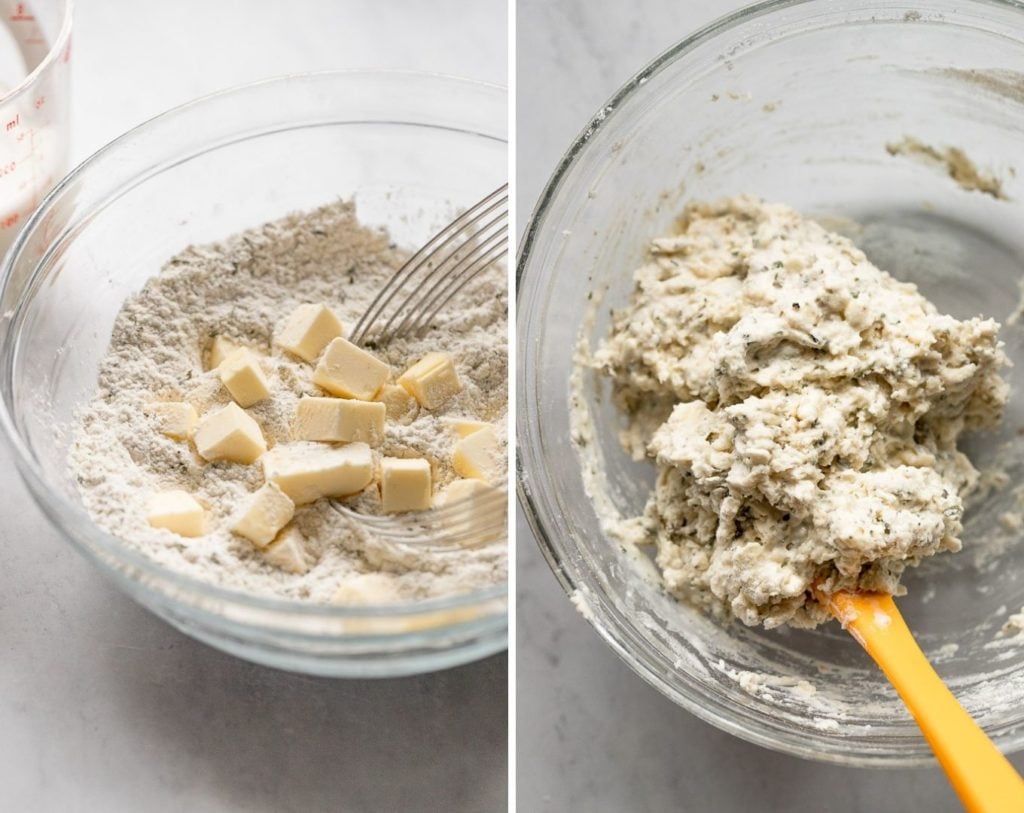 Two images making dumpling dough.