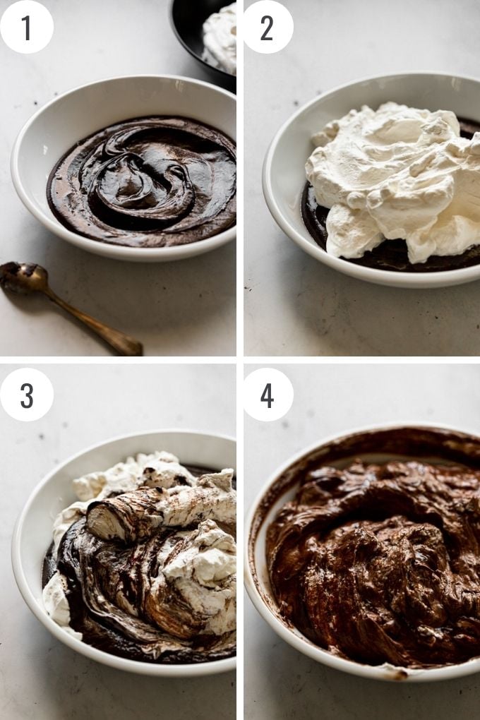 4 Images: melted chocolate, whipped cream added and folding it together.