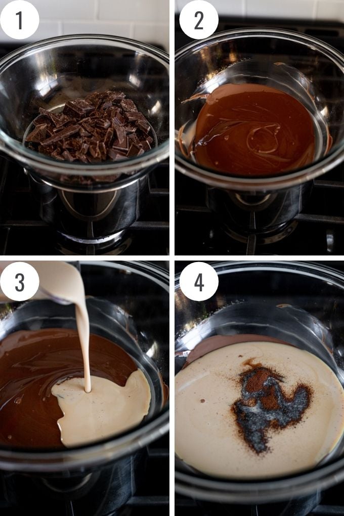 4 Images: chocolate in double boiler before and after melting, pouring in irish cream and espresso powder.