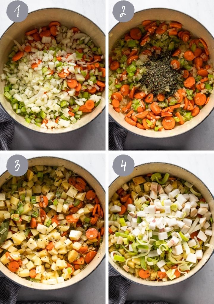 4 images making soup in dutch oven.