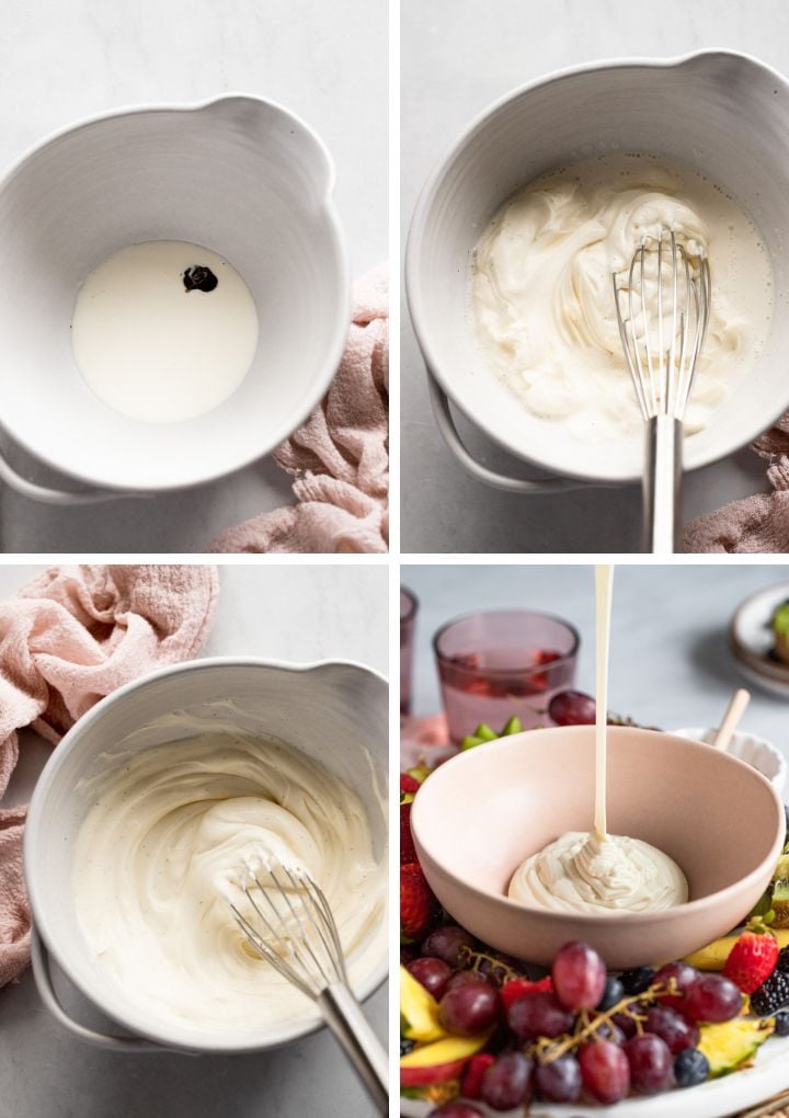 4 images of dip ingredients in bowl then pouring into a serving dish.
