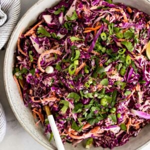 Bowl of red cabbage coleslaw with spoon.