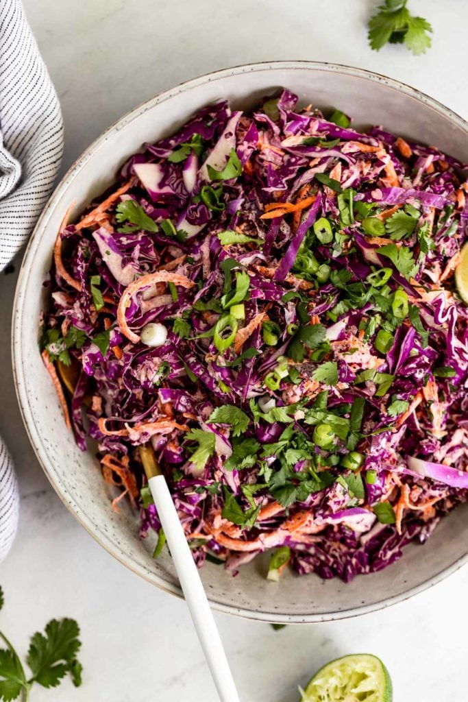 Bowl of red cabbage coleslaw with spoon.