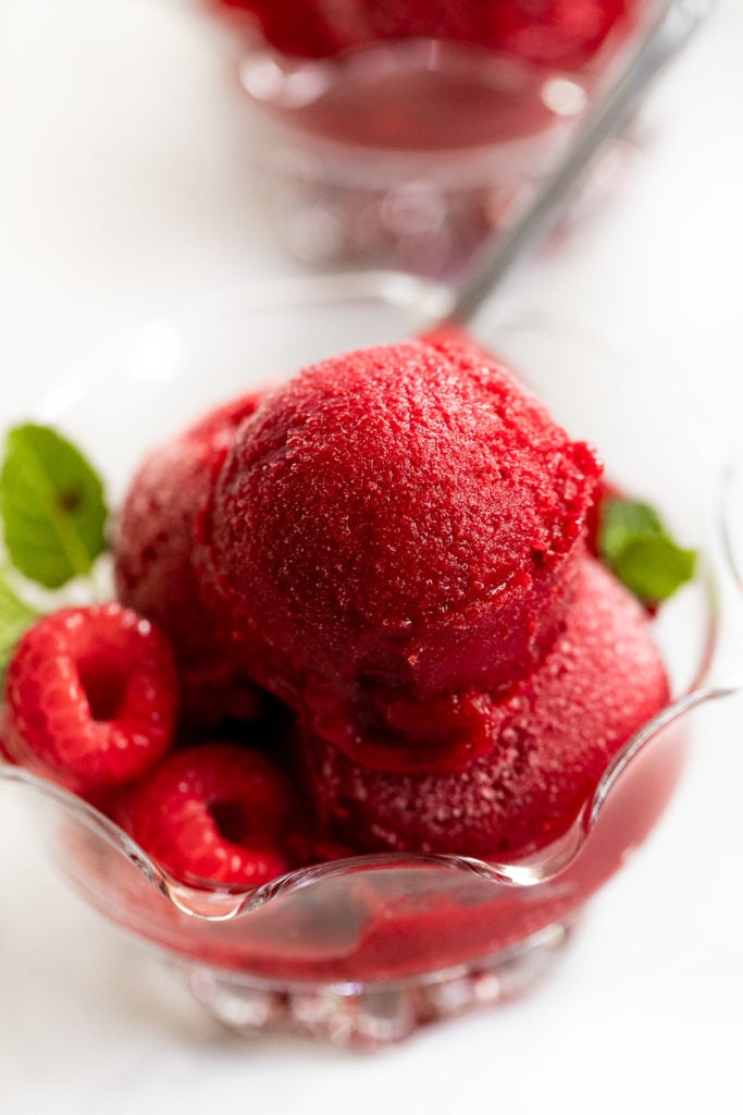 Bowl of Chambord Raspberry sorbet with raspberries and mint.