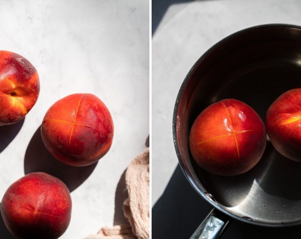Two images: scored peaches and in pot.