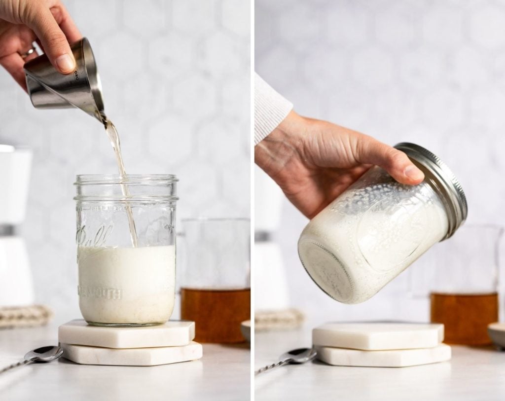 Adding vanilla syrup to milk and shaking in jar.