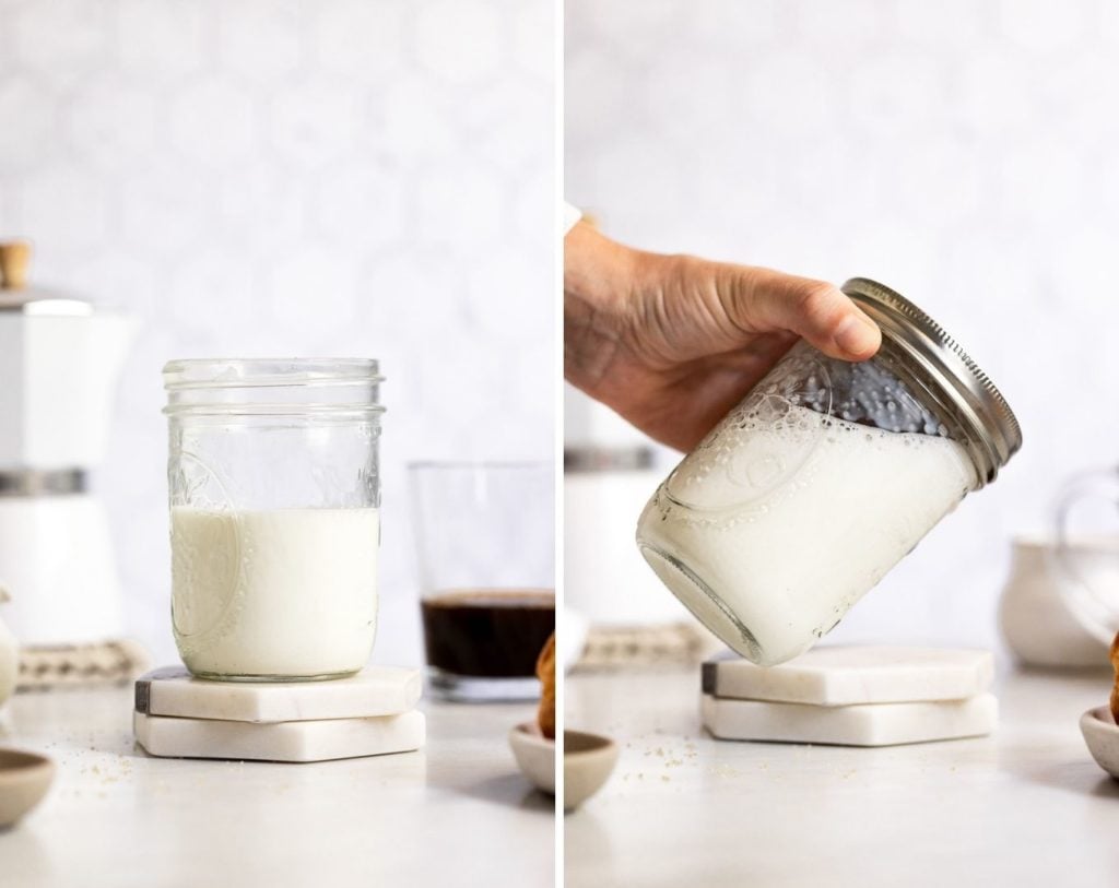 Two images of milk in jar and shaking it.