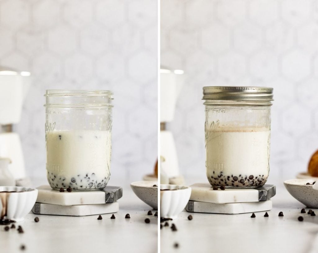 Jar with milk and chocolate chips.
