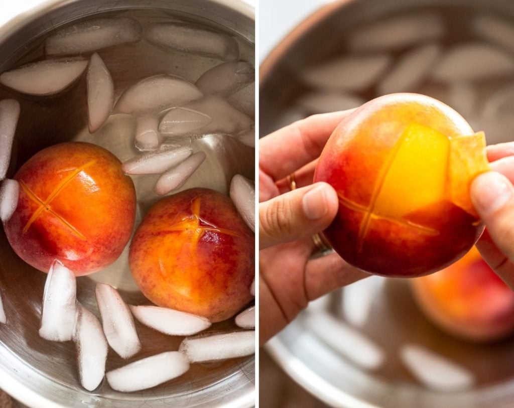 Two images peaches in ice bath and peeling