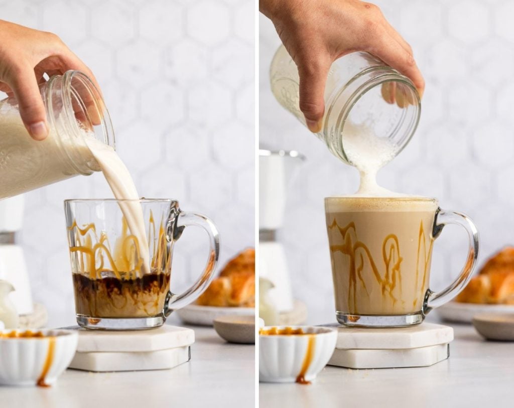 Two images: pouring frothed milk into mug with espresso.