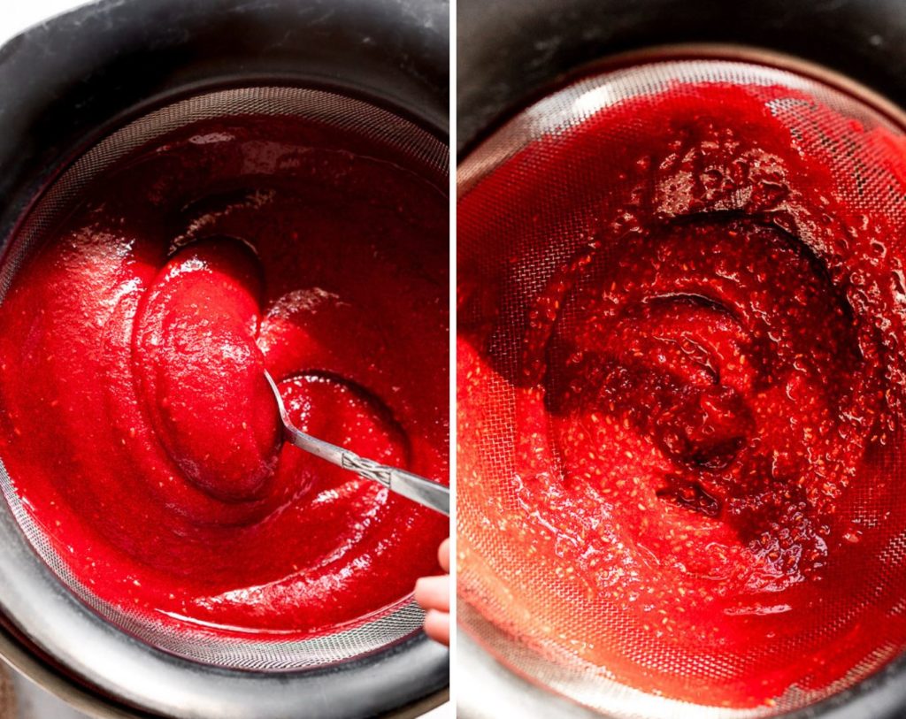 Two images of sorbet in strainer removing seeds.