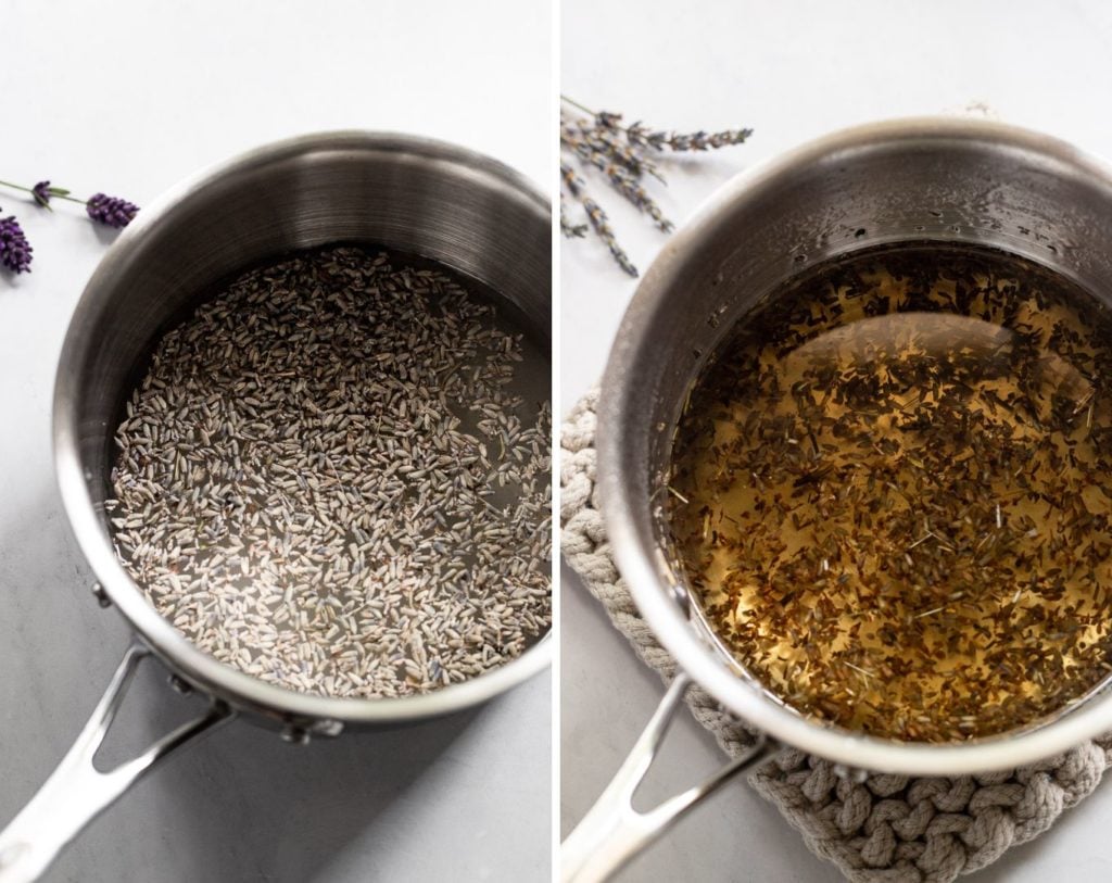 Two images of pot before and after simmering syrup.