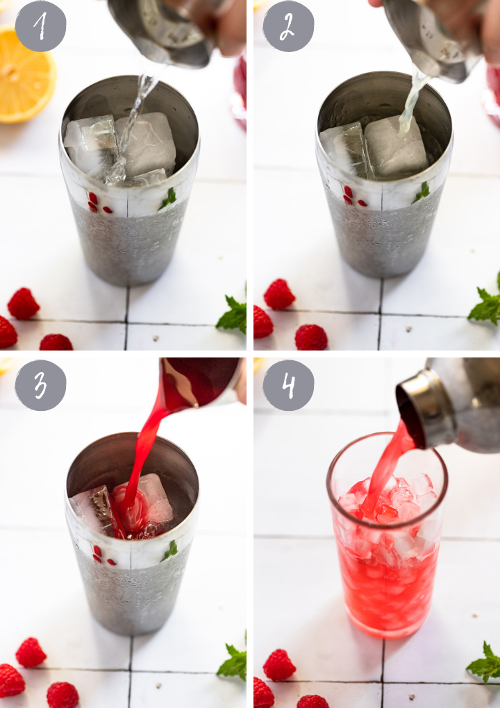 4 images of cocktail shaker and ingredients pouring into it.