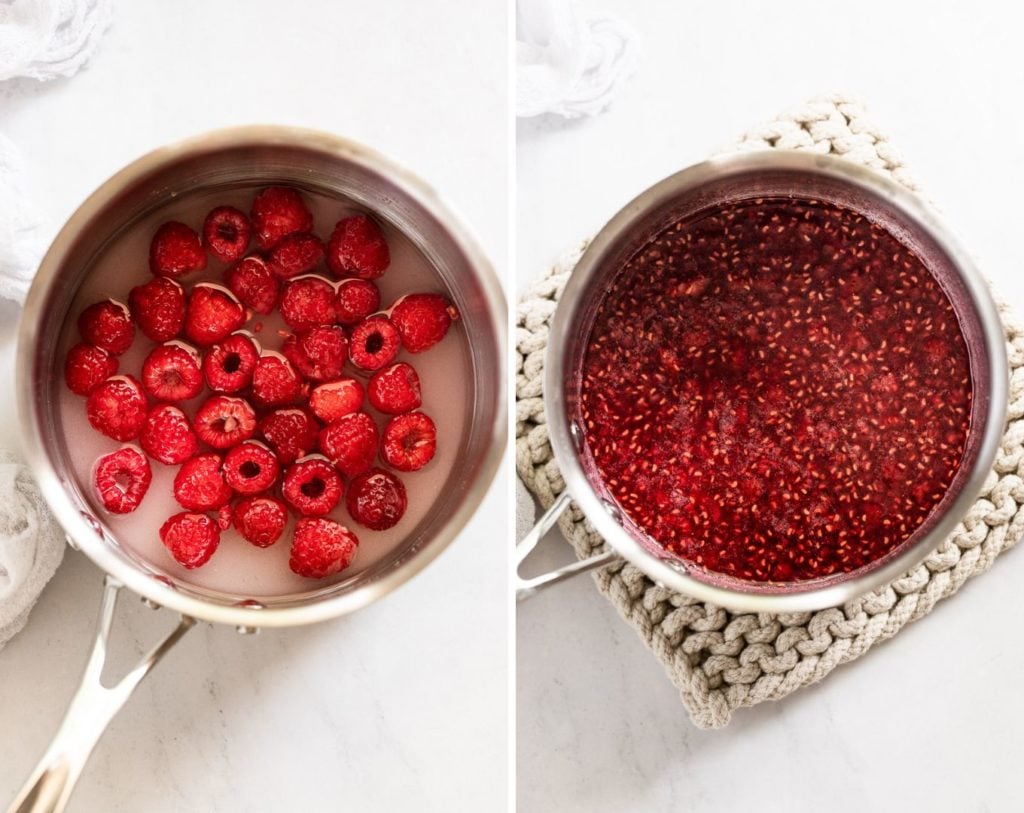 Two images of raspberry syrup before and after simmering.