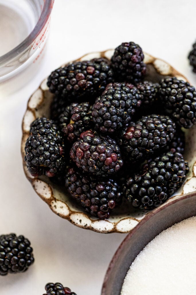 Blackberries in bowl up close next to water and sugar.