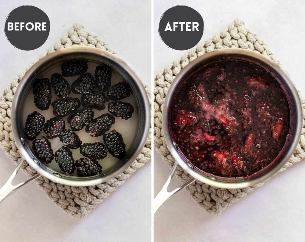 Two images: blackberries and sugar in saucepan before and after simmering.