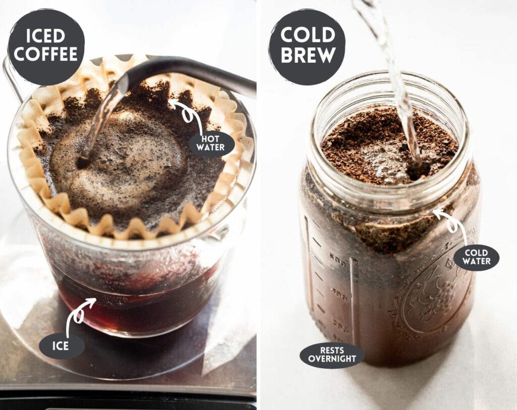 Side by side iced coffee brew vs cold brew.
