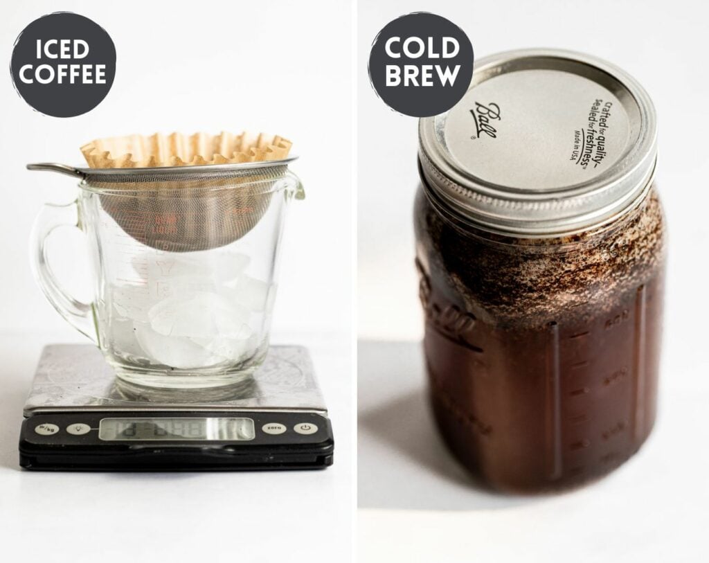 Two images: iced coffee set up on kitchen scale vs. cold brew in mason jar.