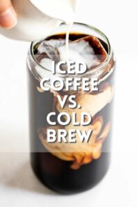 Iced coffee with cream pouring with text overlay.