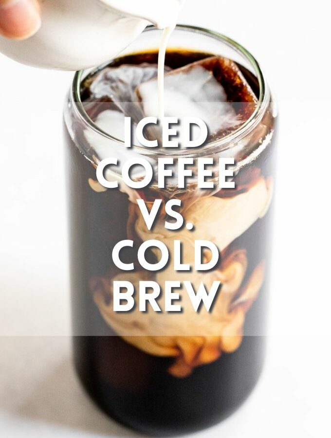 Iced coffee with cream pouring with text overlay.