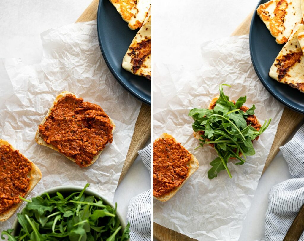 Two images: romesco on bread and arugula.