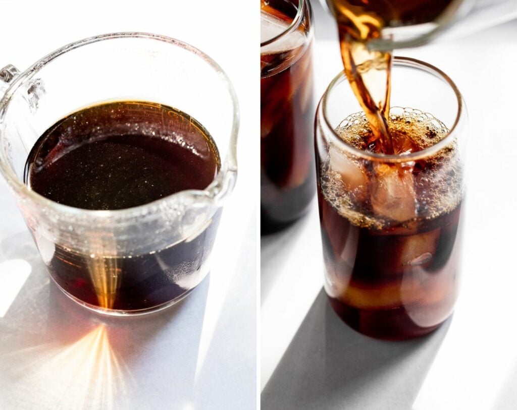 Two images: measuring cup with finished iced coffee and pouring into glass with ice.