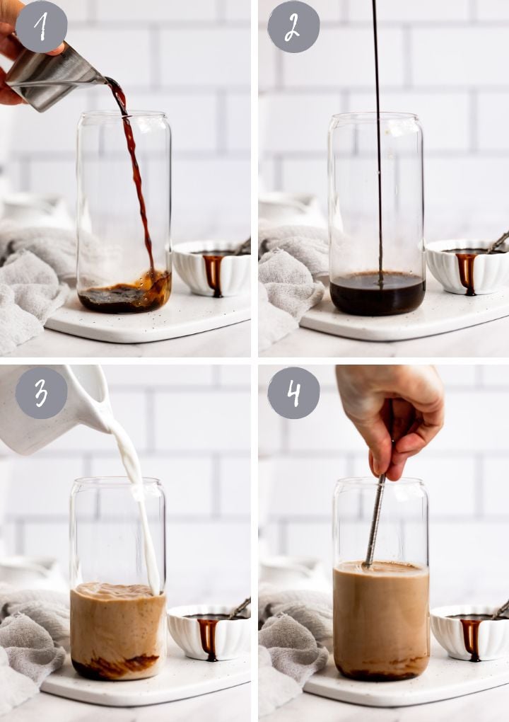 4 images pouring espresso, chocolate, milk into glass.