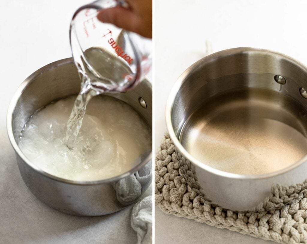 Two images: pouring water into pan with water and then dissolved.