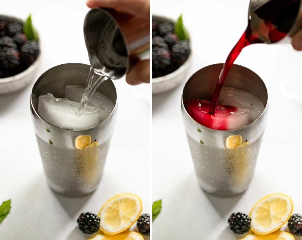 Two images: cocktail shaker with gin and syrup pouring into it.