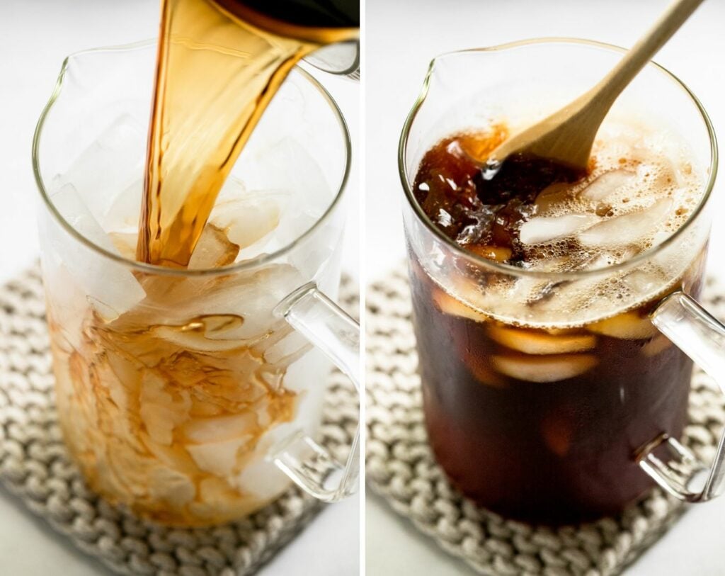 Two images: pouring hot tea over ice and stirring.