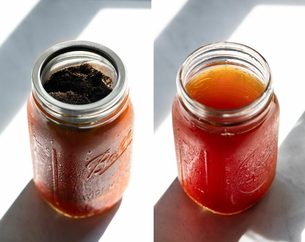 Two images: mason jar with tea filter and after.